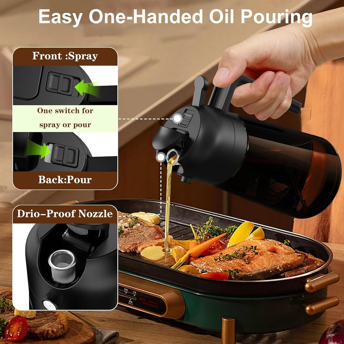 Oliver Oil Sprayer Dispenser for Cooking Bottle 16oz Dark Glass Black
