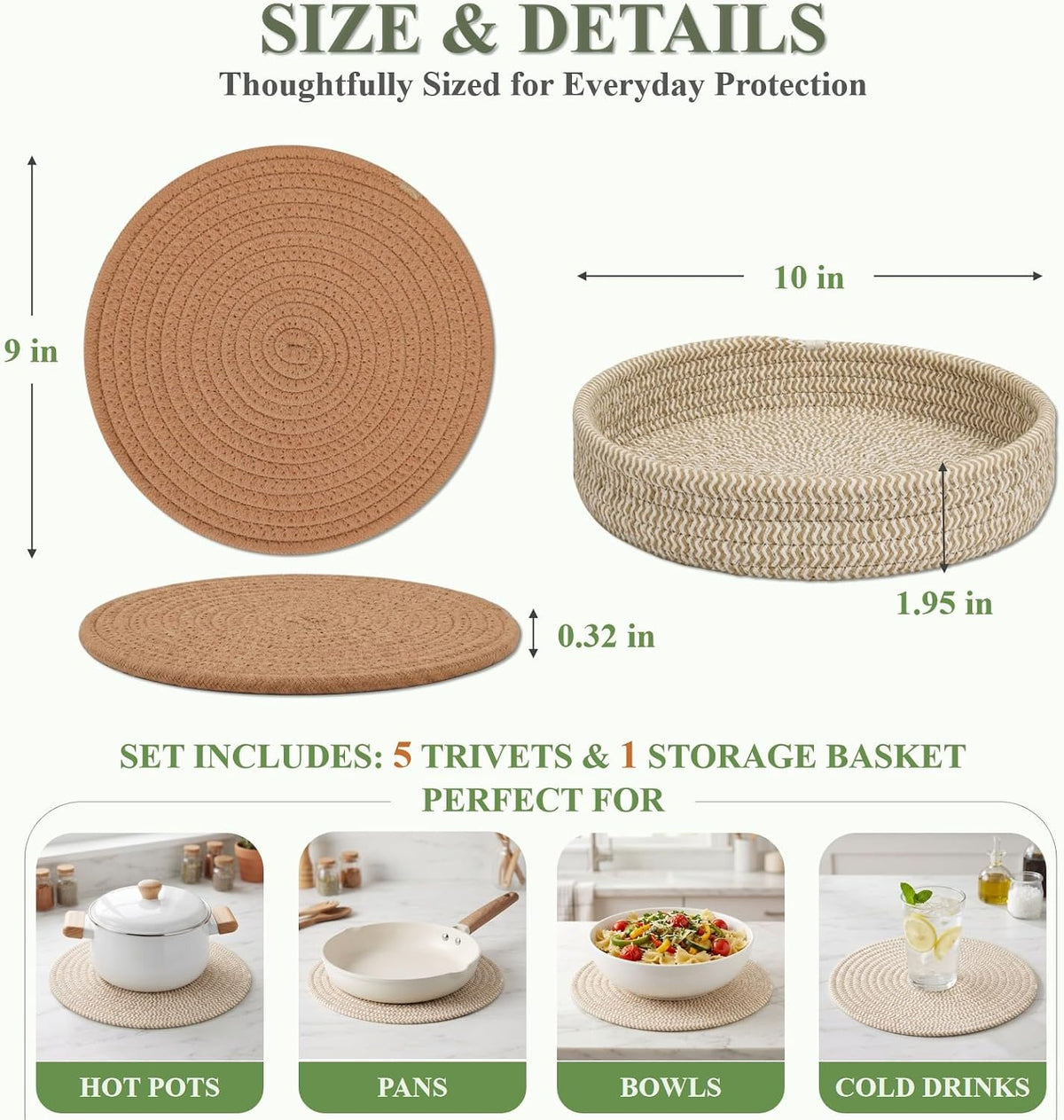 Large Trivets for Hot Dishes, Pots and Pans, Hot Pads with Storage Basket, Pot Holders for Kitchen, Heat Resistant Mats Protect Countertop, Coasters Set Home Essentials Farmhouse Decor 9 Inches 5Pcs