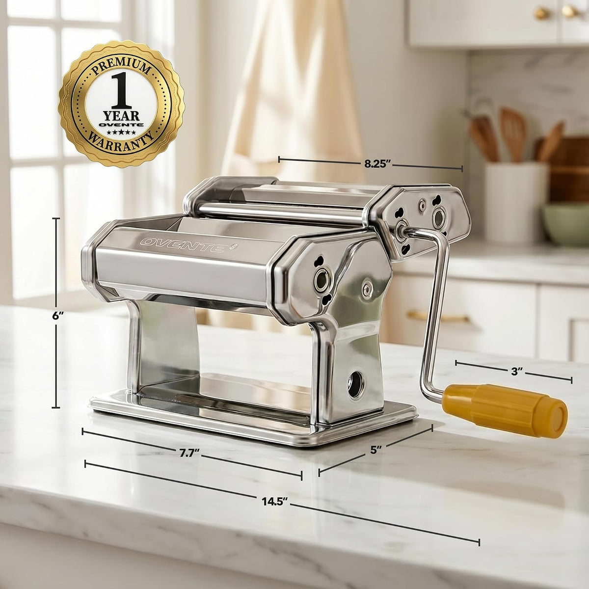 OVENTE Pasta Maker Machine with 7 Adjustable Settings, Silver PA515S