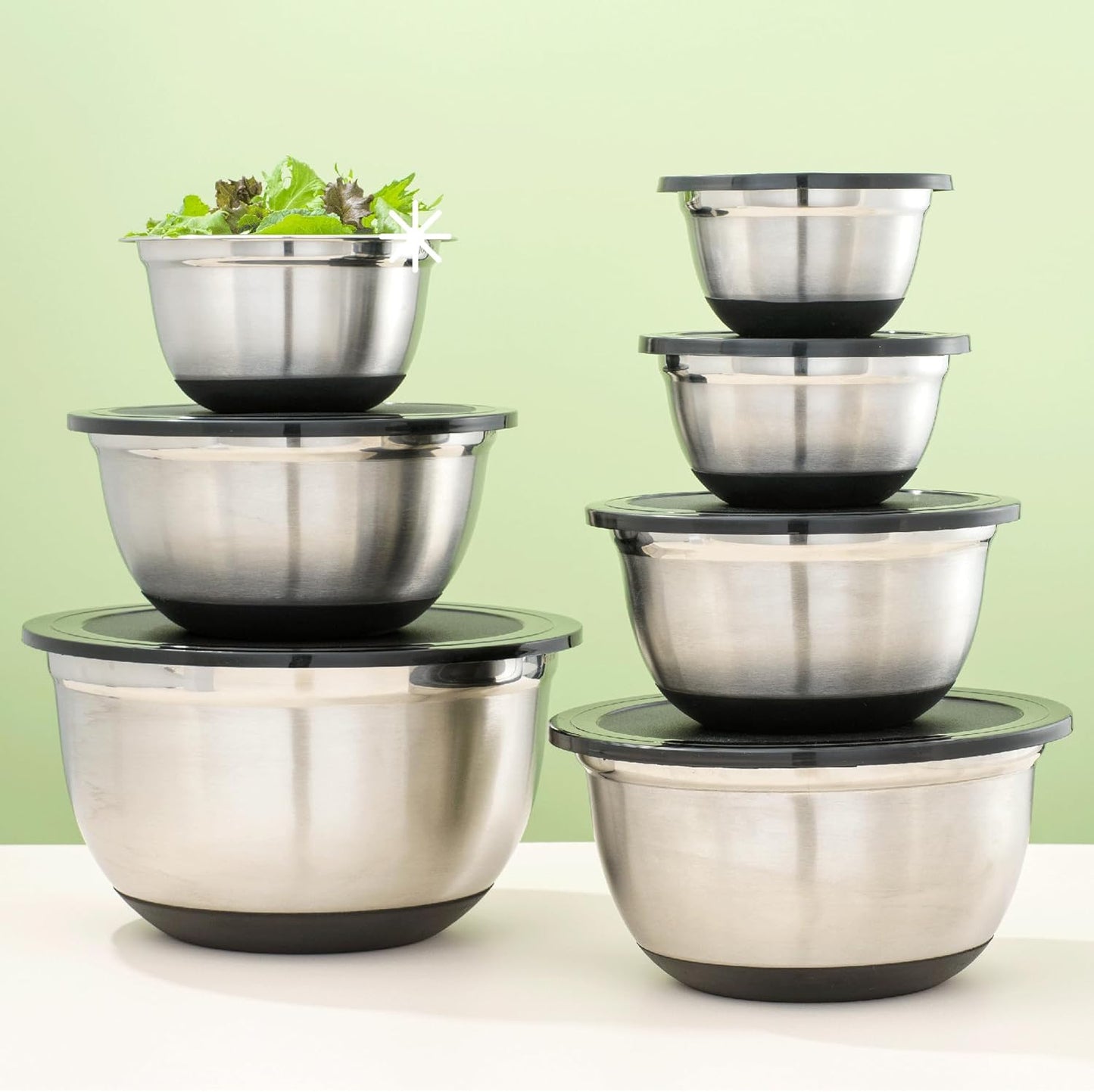 JoyJolt Stainless Steel Mixing Bowls with Airtight Lids, 7 Piece Nesting Bowls Set for Kitchen with Measurement Marks, Non-Slip Bottoms, Cooking, Baking, Prepping, Storage, 7/5/4/3/1.5/1/.75QT, Black