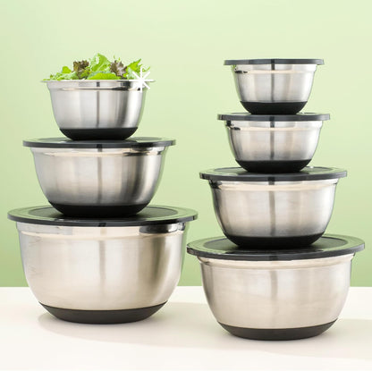 JoyJolt Stainless Steel Mixing Bowls with Airtight Lids, 7 Piece Nesting Bowls Set for Kitchen with Measurement Marks, Non-Slip Bottoms, Cooking, Baking, Prepping, Storage, 7/5/4/3/1.5/1/.75QT, Black