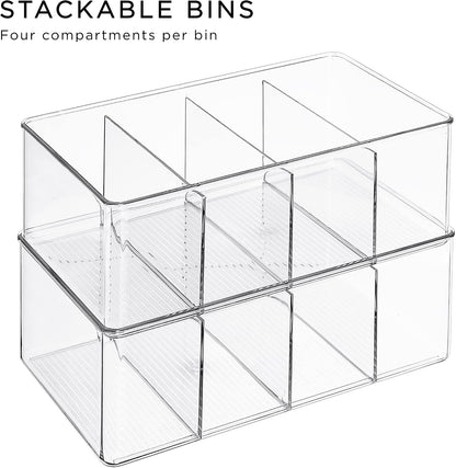 Sorbus Storage Bins with Dividers - Clear Plastic Organizer - Store Tea Bags, Spices, Seasonings, Drink Packets, Oatmeal - Snack Storage & Display Containers for Kitchen & Pantry (4 Pack)