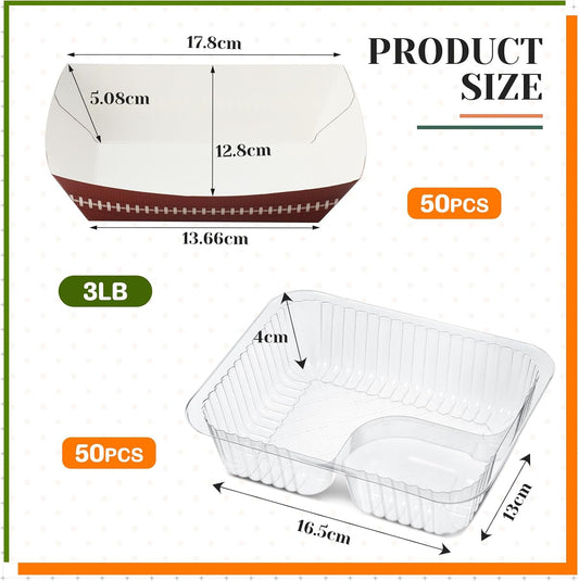 Yerliker 100 Pcs Disposable Tray Set 50 Plastic Nacho & 50 3 lb Paper Food Trays Food Boats Popcorn Chip Holder for Carnivals, Movie Theater, Concession Stand Supplies & Snack(Stripe Style)