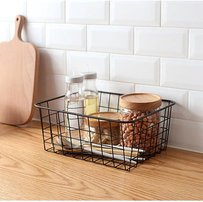 Metal Wire Storage Basket with Handles for Kitchen Food Pantry Papers Home Office Desk Shelf Bathroom Laundry Room Shelf Bedroom Bed Room, 2PCS (Black)