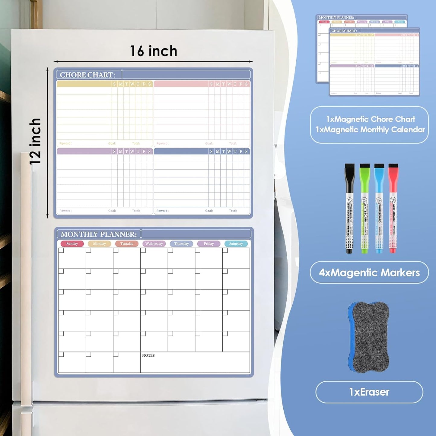 MaxGear Black Weekly Dry Erase Board,16"x12" Magnetic Whiteboard Meal Planner Blackboard for Fridge, Chalkboard Calendar Menu Planning Board Notepad for Kitchen with 7 Markers and 1 Eraser