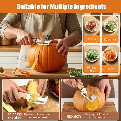 Multifunctional Vegetable Peeler with Bottle Opener Julienne | 4PCS, Stainless Steel, Wooden Handle, Fruit Potato Carrot Pumpkin, 3-in-1 Peeler