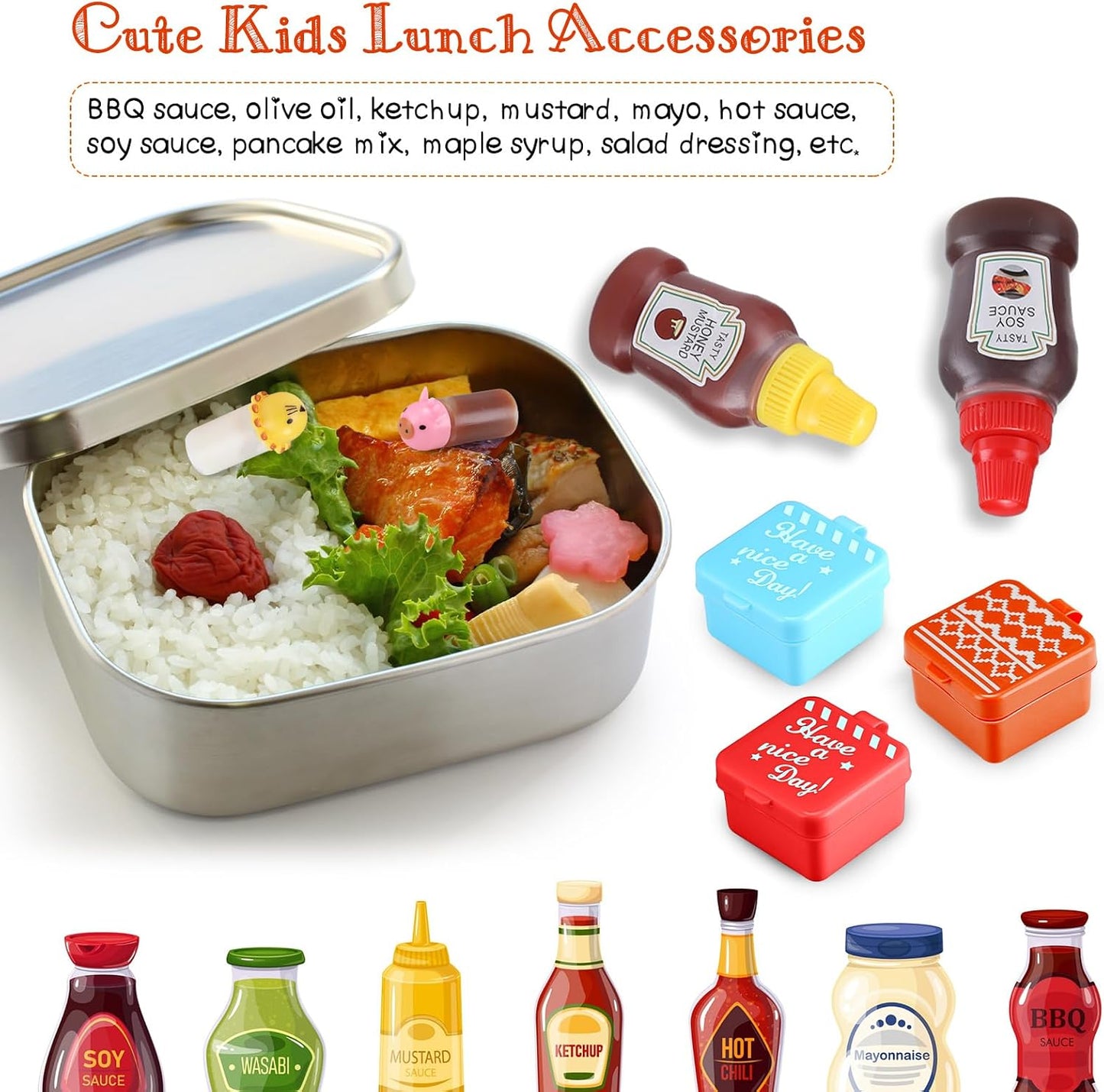 50 Pcs Kids Bento Box Accessories Including Food Picks Mini Condiment Bottles Ketchup Squeeze Bottles, Mini Soy Sauce Container with Funnel for Kids School Bento Camping Office Accessories (Animal)