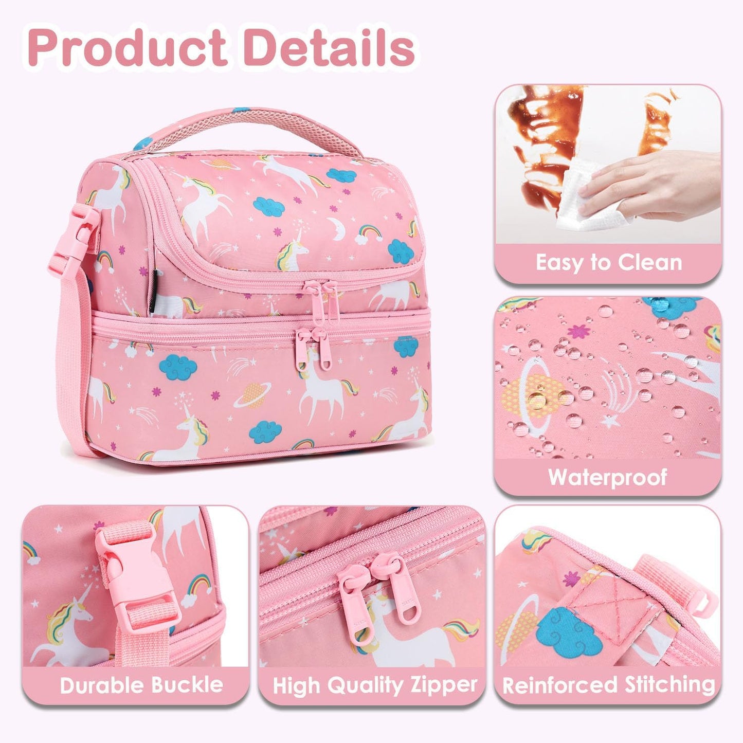 FlowFly Kids Double Decker Cooler Insulated Lunch Bag Large Tote for Boys, Girls, Men, Women, With Adjustable Strap, Unicorn