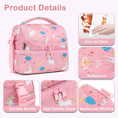 FlowFly Kids Double Decker Cooler Insulated Lunch Bag Large Tote for Boys, Girls, Men, Women, With Adjustable Strap, Unicorn