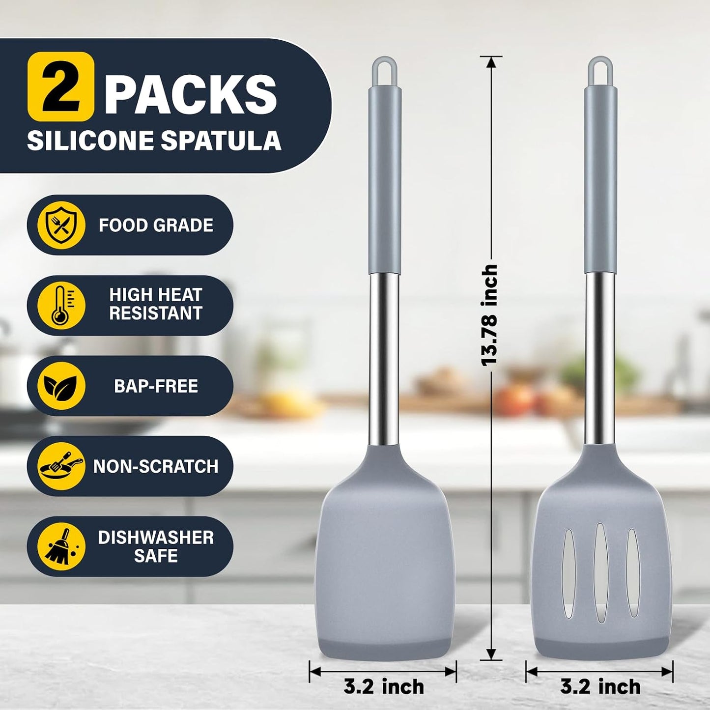2 Pack Silicone Spatula Set, Solid & Slotted Turner for Non-Stick Pans, High Heat Resistant Silicone Spatula for Cooking, BPA-Free Stainless Steel Cooking Utensils for Fish, Eggs, Pancakes, Black