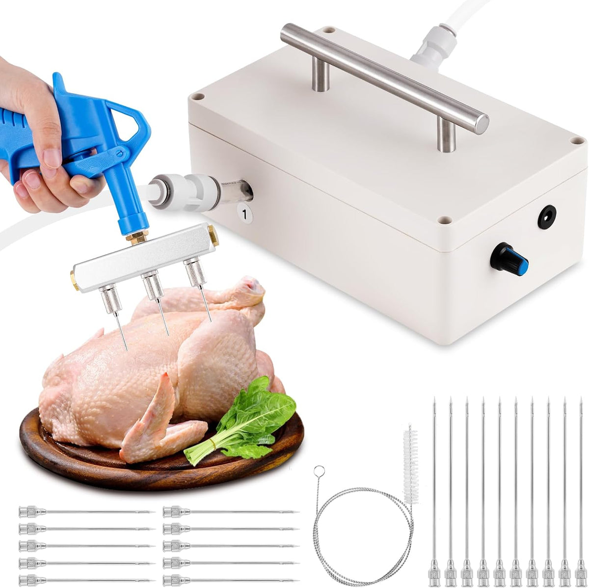 Electric Meat Injector Gun Pump with Hose, 65W Marinade Injector Syringe with 20 Needles for Home Grilling, Family Parties & Outdoor Cooking Turkey, Pork, Beef (Yellow)