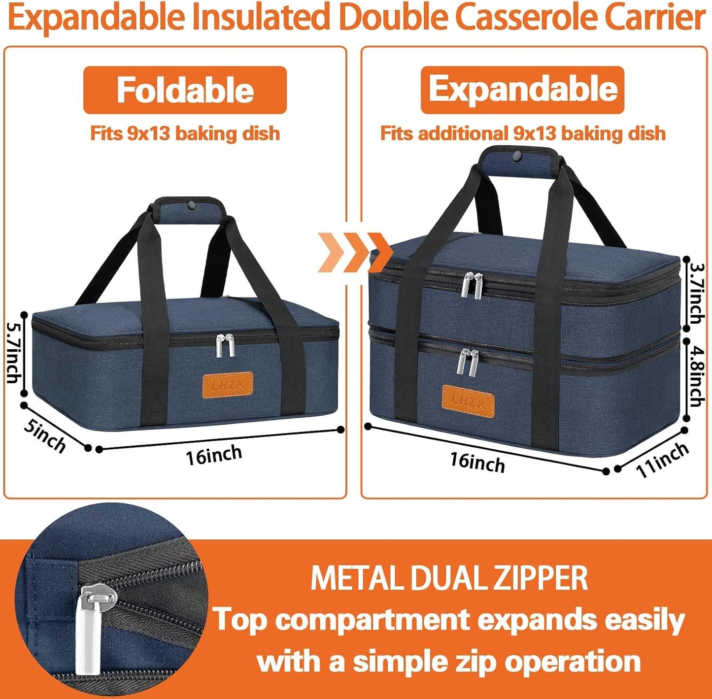 LHZK Insulated Casserole Carriers for Hot or Cold Food, Lasagna Holder Tote for Potluck Parties, Beach, Picnic, Travel, Fits 11x15 or 9x13 Dish (Black)