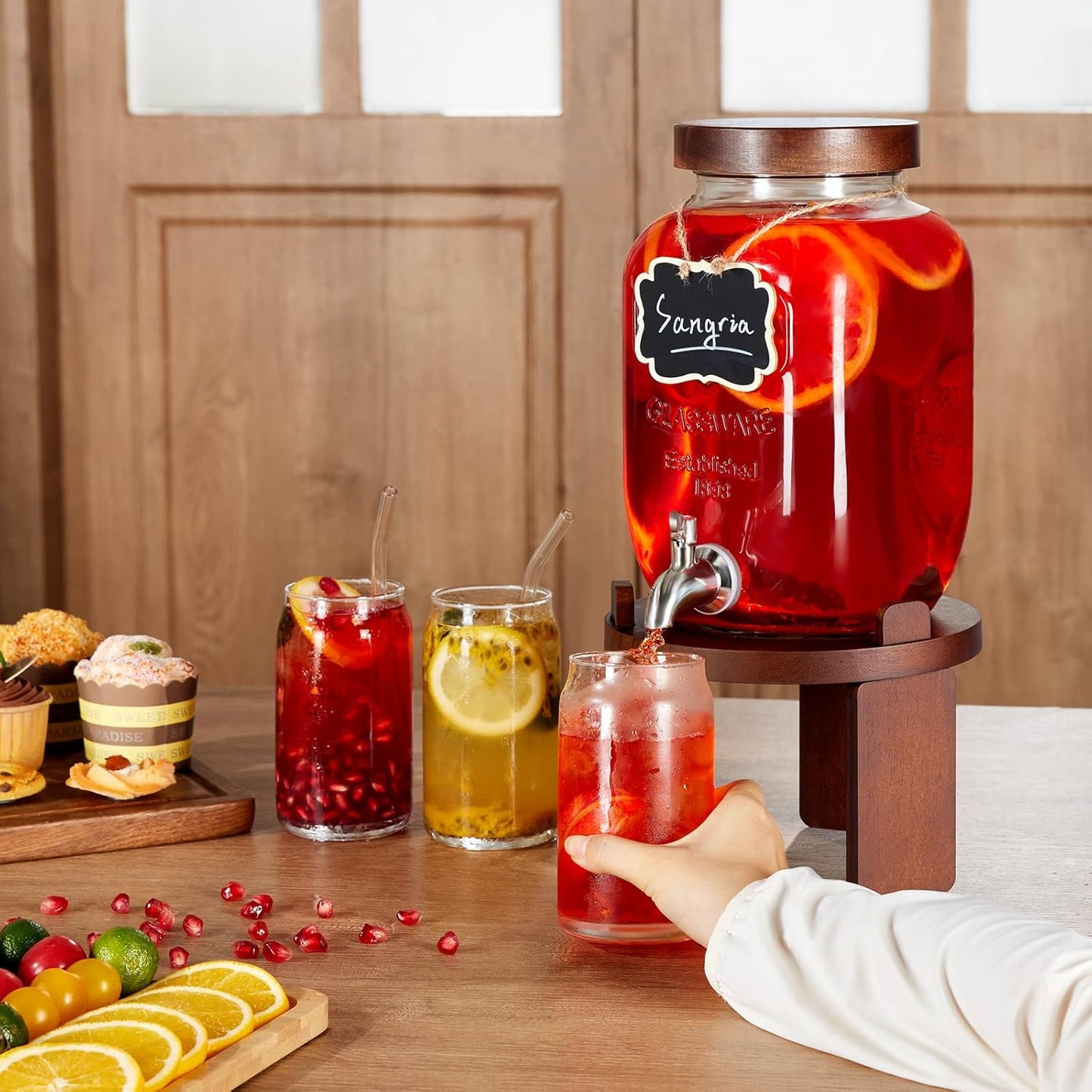 1 Gallon Drink Dispenser for Parties,Glass Beverage Dispenser with Stand,Water Dispenser with 18/8 Stainless Steel Spigot,Lemonade Stand Dispenser for Fridge,Juice,Punch,Cocktails,Ice Tea & Sun Tea