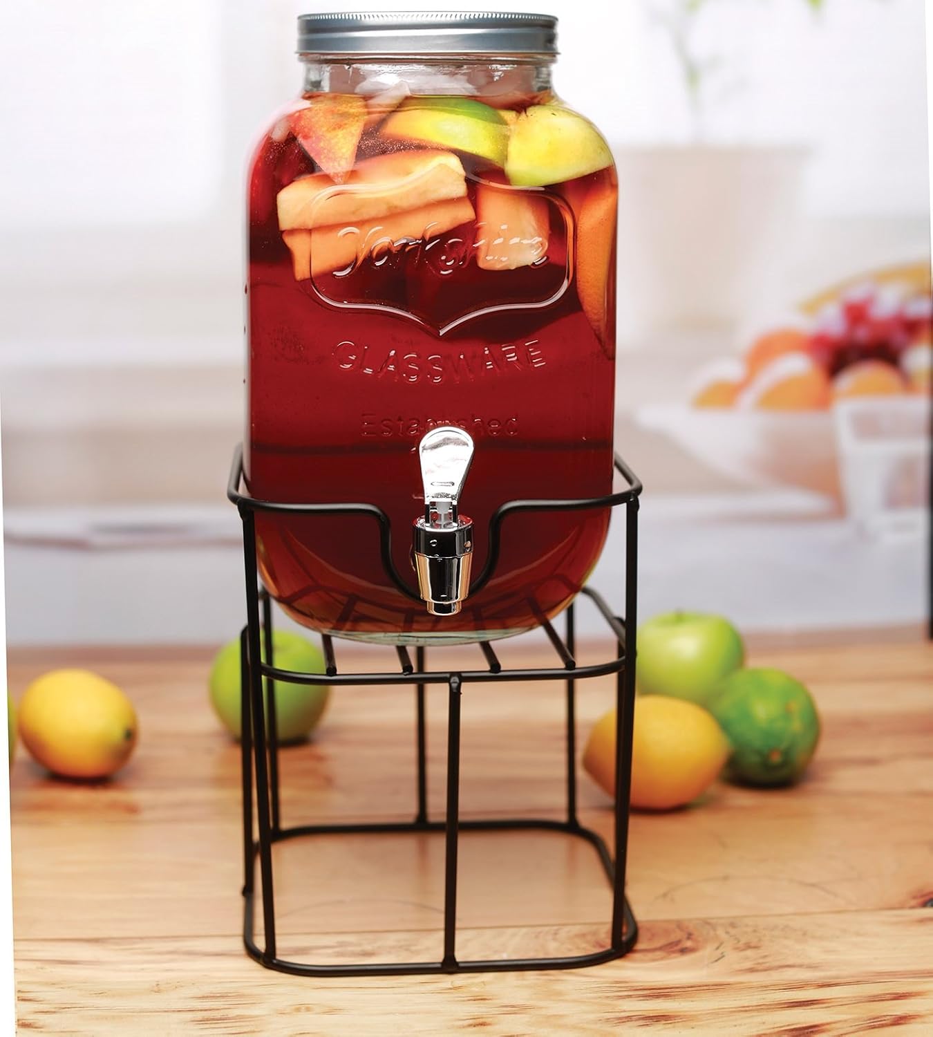 Circleware Sun Tea Mini Mason Jar Glass Beverage Dispenser with Lid, Glassware For Water, Juice, Beer, Wine, Liquor, Kombucha Iced Punch & Cold Drinks, Classic Yorkshire 1 Gallon with Stand