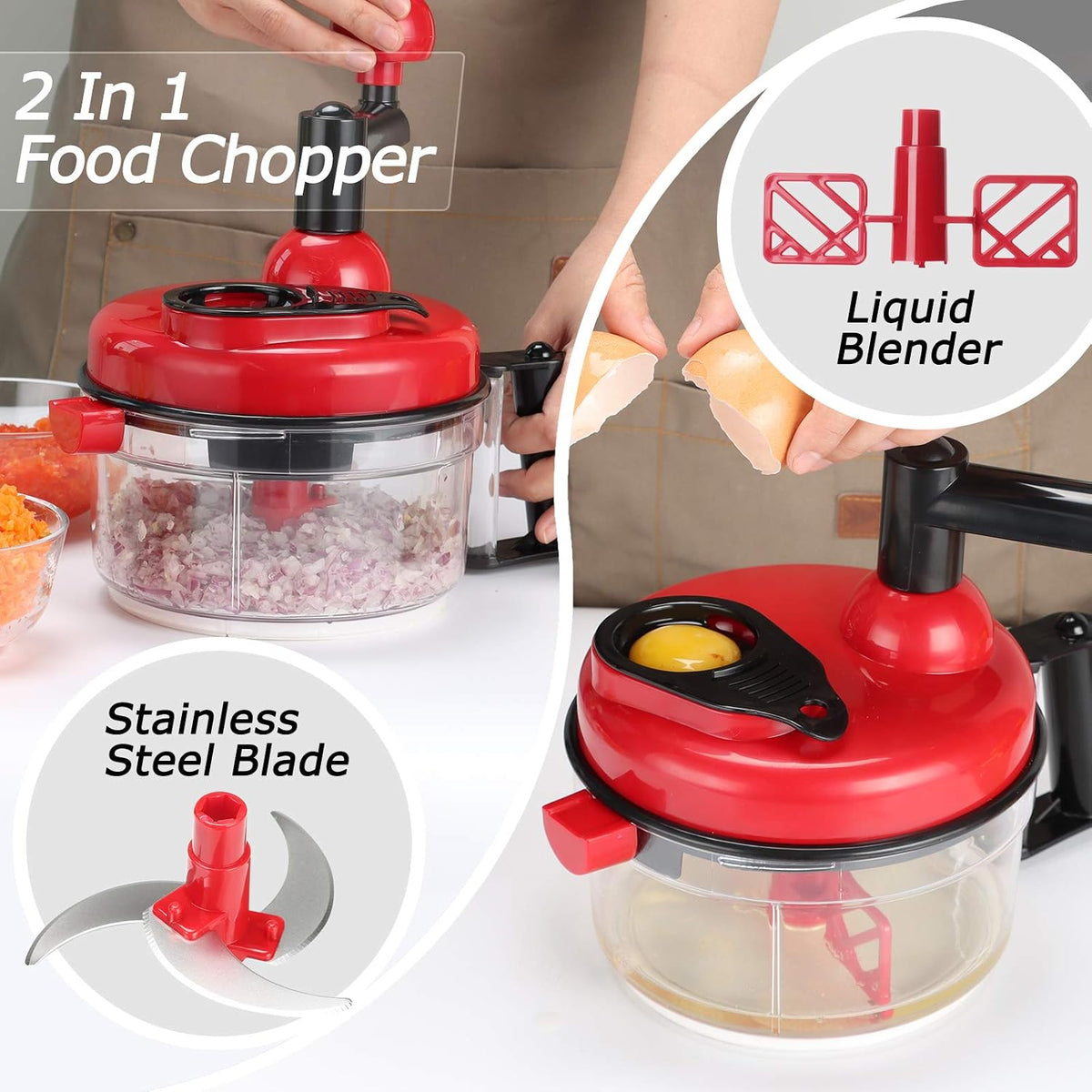 Cambom Manual Vegetable Cutter Food Processor 8 in 1 - Chopper, Mixer, Blender, Whipper, Egg Separator, Mincer, Grinder, Dicer with Clear Container 1200ml BPA Free