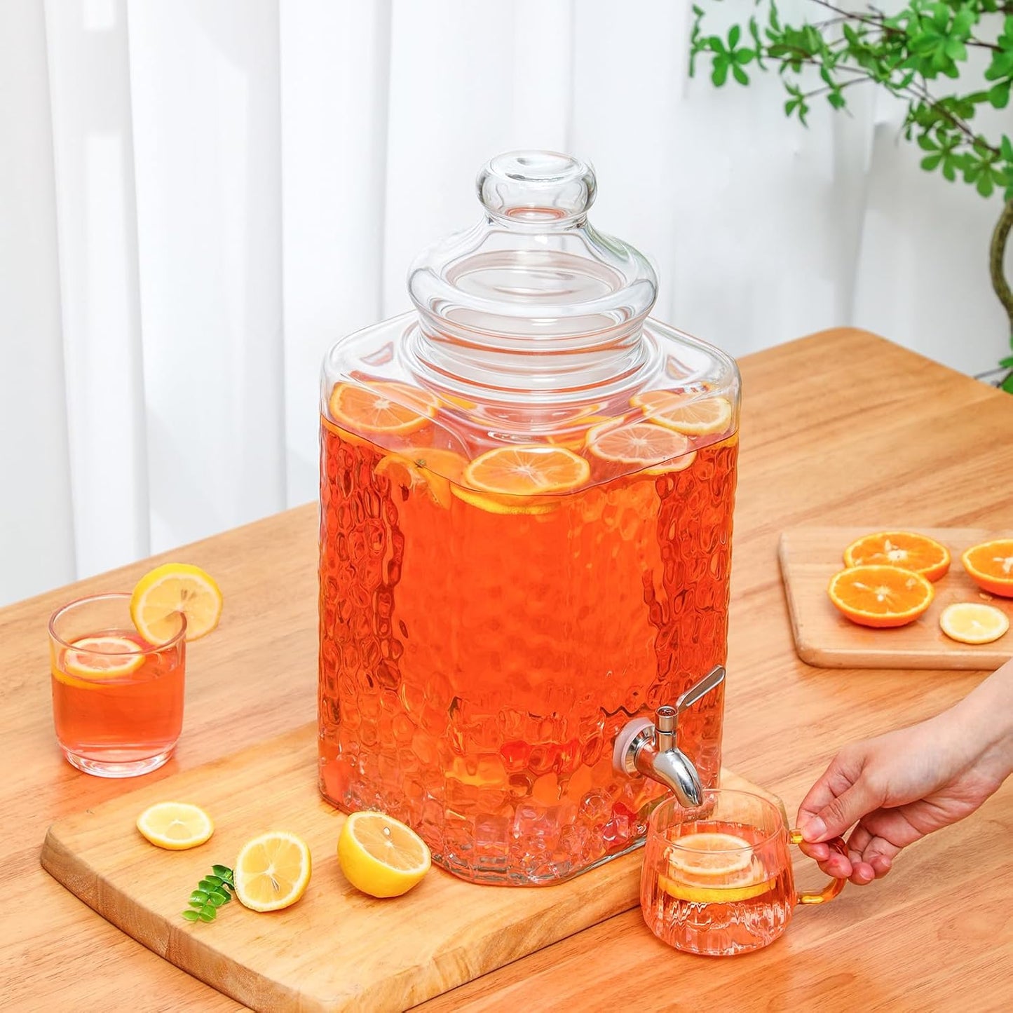 Honeydak 1.5 Gallon Glass Beverage Dispenser with Stand Stainless Steel Spigot Glass Lid Clear Iced Juice Container Leakproof Drink Dispenser Countertop Lemonade Water Jar for Wedding Party (3 Pack)