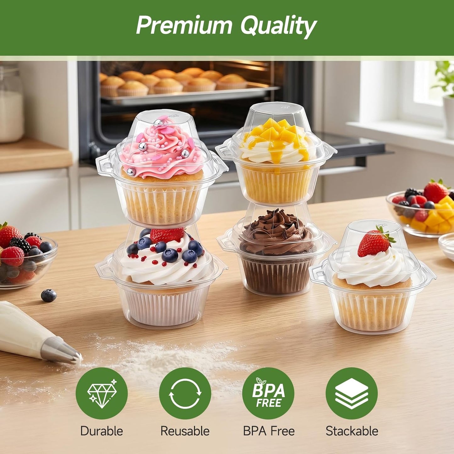 Dealusy 100 Pack Individual Cupcake Containers with Airtight Dome Lids, Clear Plastic Single Cupcake Boxes, Stackable Disposable Muffin Holders for Baking, Parties, Weddings & Picnics