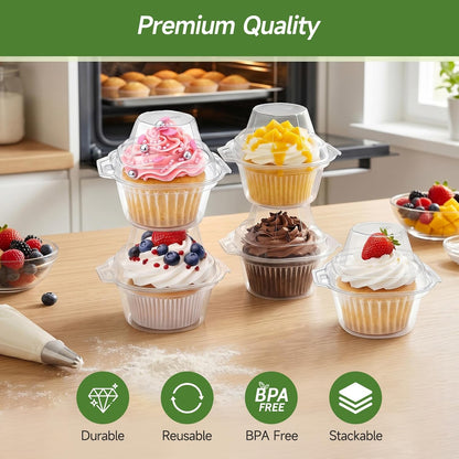 Dealusy 100 Pack Individual Cupcake Containers with Airtight Dome Lids, Clear Plastic Single Cupcake Boxes, Stackable Disposable Muffin Holders for Baking, Parties, Weddings & Picnics