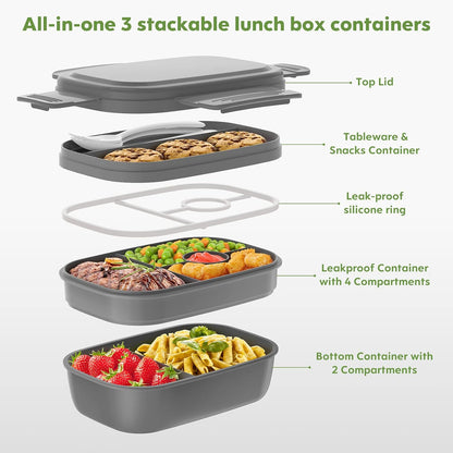 Modern Adult Lunch Box, Stackable Lunch Containers, Minimalist Design Bento Box with Utensil Set - Leak-Proof for Dining Out, Work, School, Picnic
