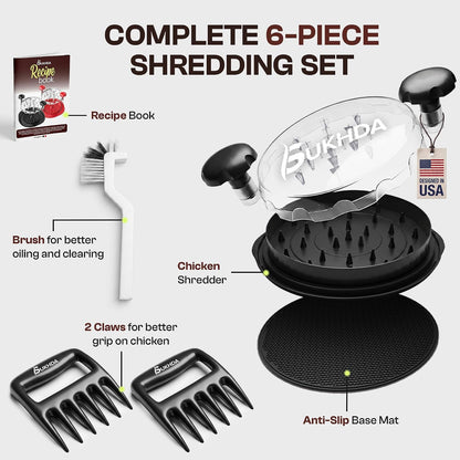 Premium 10" Chicken Shredder Tool with Twist Handle & Meat Claws, Heavy Duty Meat Shredder for Chicken Breast, Beef & Mutton, BPA-Free, Non-Slip Base Mat, Ergonomic Grip, Cleaning Brush & Clear Lid
