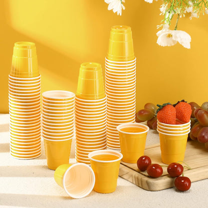Roshtia 100 Pack 2 oz Plastic Shot Cups, Mini Disposable Shot Glasses 2 oz Wedding Party Cups for Bridal Shower Wedding Party, Beer Taste Serving, Snacks(Black, Gold)