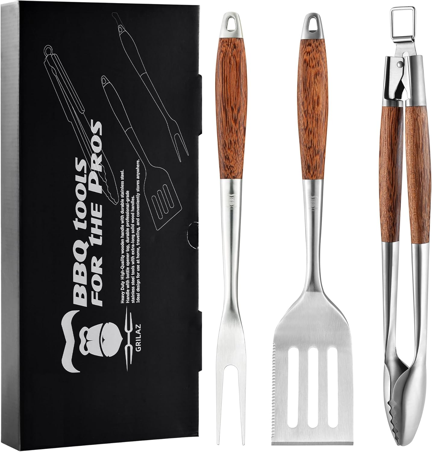 GRILAZ Heavy-Duty Rose Wooden BBQ Grilling Tools Set. Extra Thick Stainless Steel Multi-Function Spatula, Fork & Tongs | Essential Accessories for Barbecue & Grill. Ideal Gift for Father…