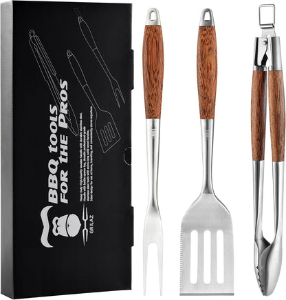 GRILAZ Heavy-Duty Rose Wooden BBQ Grilling Tools Set. Extra Thick Stainless Steel Multi-Function Spatula, Fork & Tongs | Essential Accessories for Barbecue & Grill. Ideal Gift for Father…