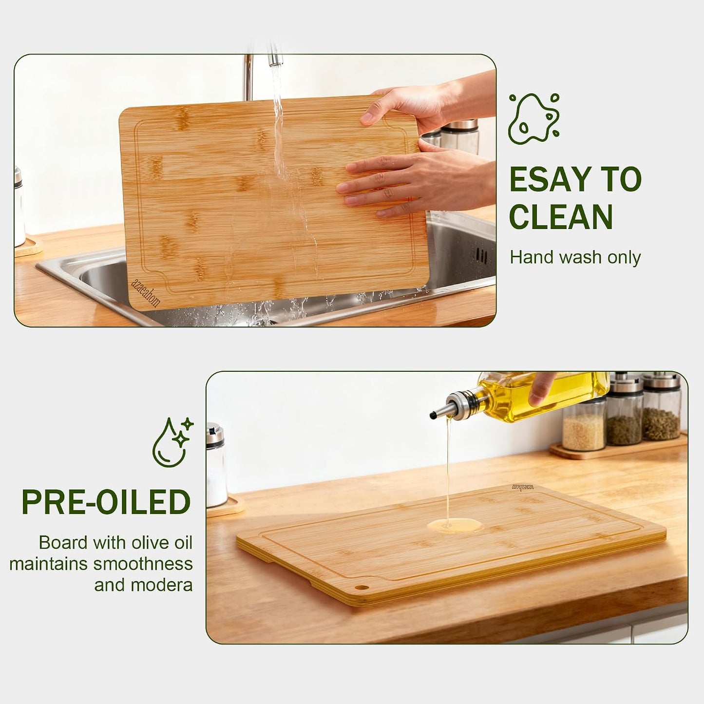 Bamboo Cutting Boards for Kitchen, Wood Cutting Board Set with Juice Grooves & Built-in Handles, Large Medium Small Chopping Board for Meat, Vegetables, Fruit