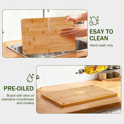 Bamboo Cutting Boards for Kitchen, Wood Cutting Board Set with Juice Grooves & Built-in Handles, Large Medium Small Chopping Board for Meat, Vegetables, Fruit