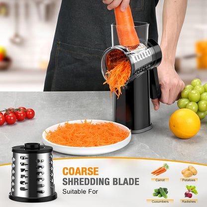 Ibergrif Rotary Cheese Grater Hand Crank– Manual Vegetable Slicer Mandoline with Foldable Handle, Rotary Grader with 3 Interchangeable Blades, Manual Cheese Shredder with Suction Base