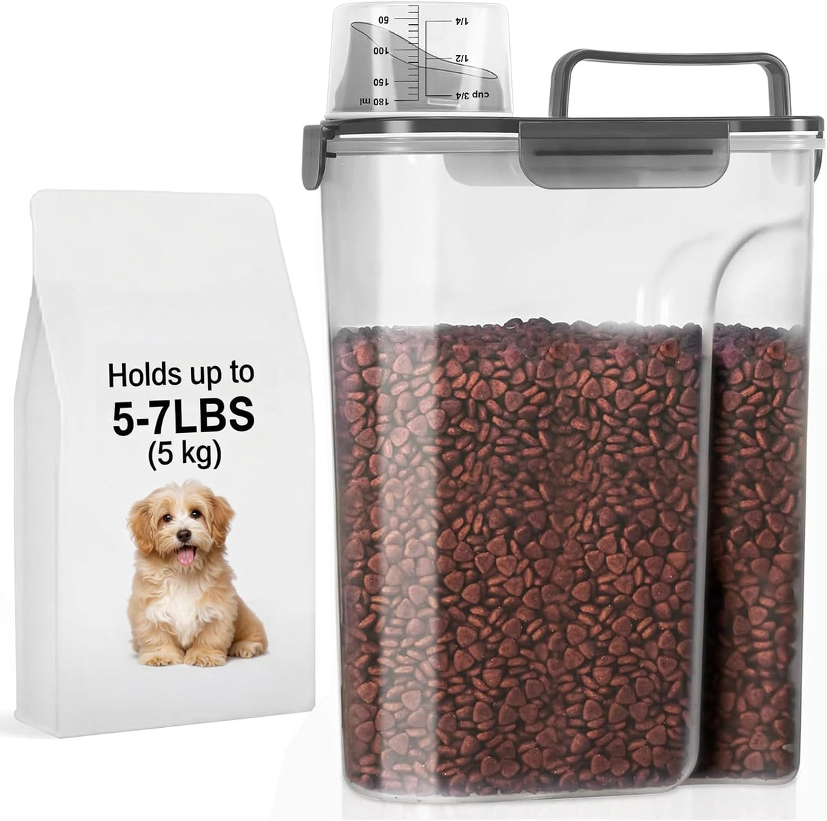 LEAWALK 5-7Lbs Dog Cat Food Storage Container with Upgraded Large Nozzle BPA-free, 4 Snap Seals Plastic Pet Food Storage Containers with Handles are Easy to Clean and Carry
