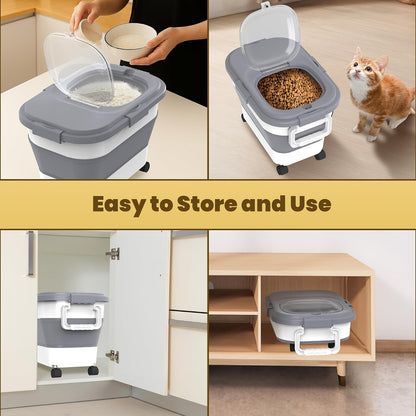 HOYTAMDAR 20-50Lbs Rice Container,Collapsible Food Storage Containers with Airtight Clear Lid,Wheels,Rice Storage Container with Small Bin and Scoop,Rice Dispenser for Flour Sugar Cereal Grain Dog Cat