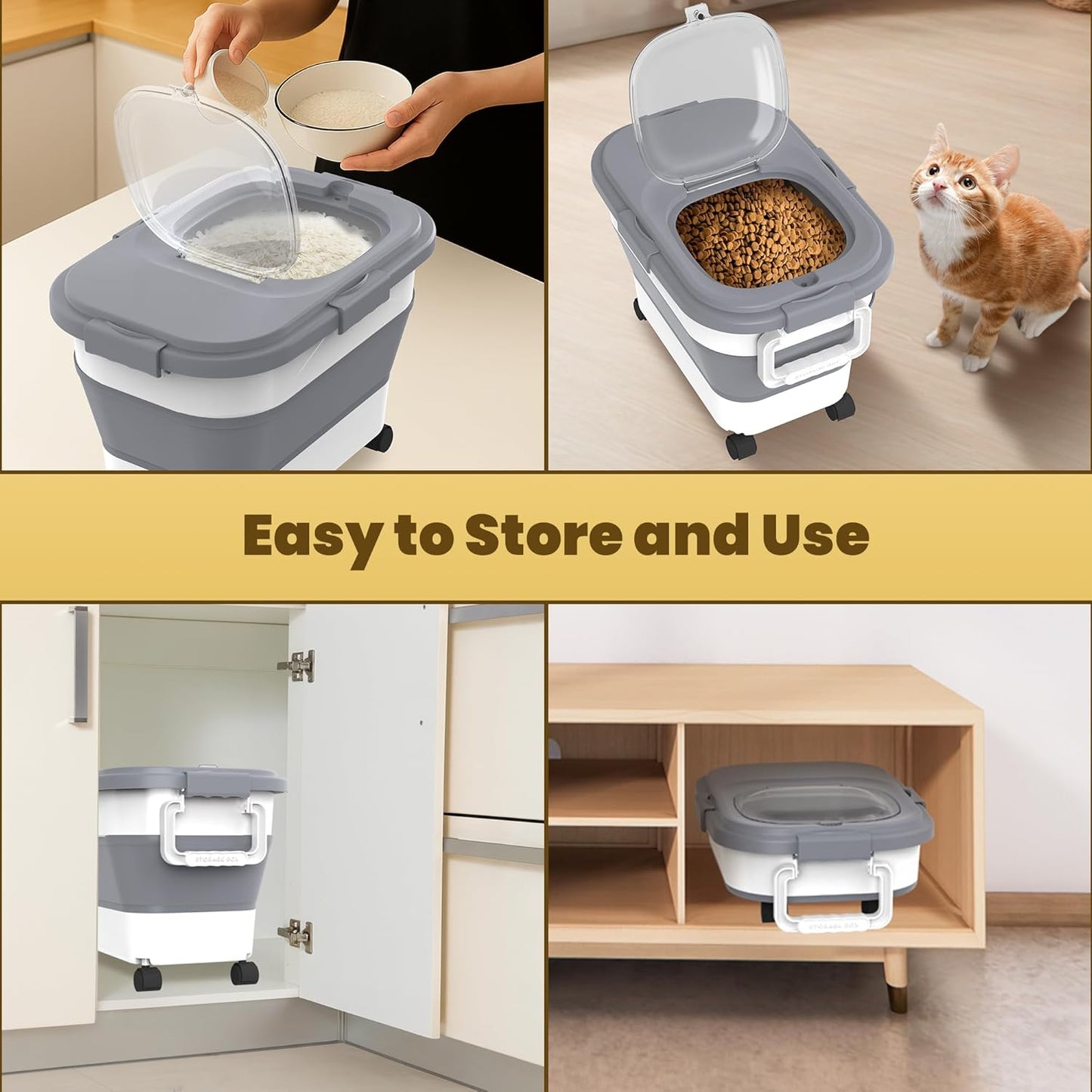 HOYTAMDA 28-40Lbs Rice Container,Collapsible Airtight Food Storage Containers with Wheels,Handle,Rice Storage Container with Small Bin and Scoop,Rice Dispenser for Flour Sugar Cereal Grain Dog Cat