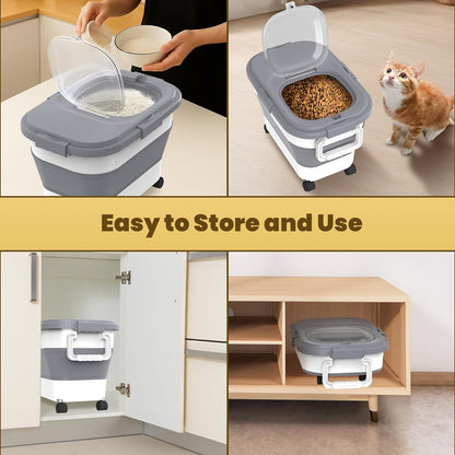 HOYTAMDA 28-40Lbs Rice Container,Collapsible Airtight Food Storage Containers with Wheels,Handle,Rice Storage Container with Small Bin and Scoop,Rice Dispenser for Flour Sugar Cereal Grain Dog Cat