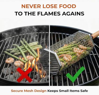 2 Pack Rolling Grill Basket – Stainless Steel Grilling Basket with Lid and Removable Wooden Handle – BBQ Accessories for Vegetables, Shrimp, Meat – Outdoor Cooking Gift for Dad or Husband – Otawe