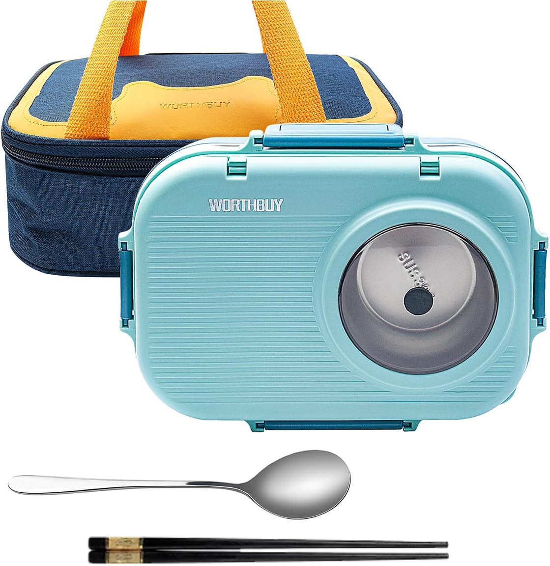 3 Compartments Bento Lunch box with Soup Bowl, Insulated Lunch Bag and Portable Utensils, Stainless Steel Camera Lunch Containers，Leak Proof Bento Box for Kids Adults Men Women…