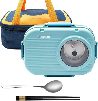 3 Compartments Bento Lunch box with Soup Bowl, Insulated Lunch Bag and Portable Utensils, Stainless Steel Camera Lunch Containers，Leak Proof Bento Box for Kids Adults Men Women…