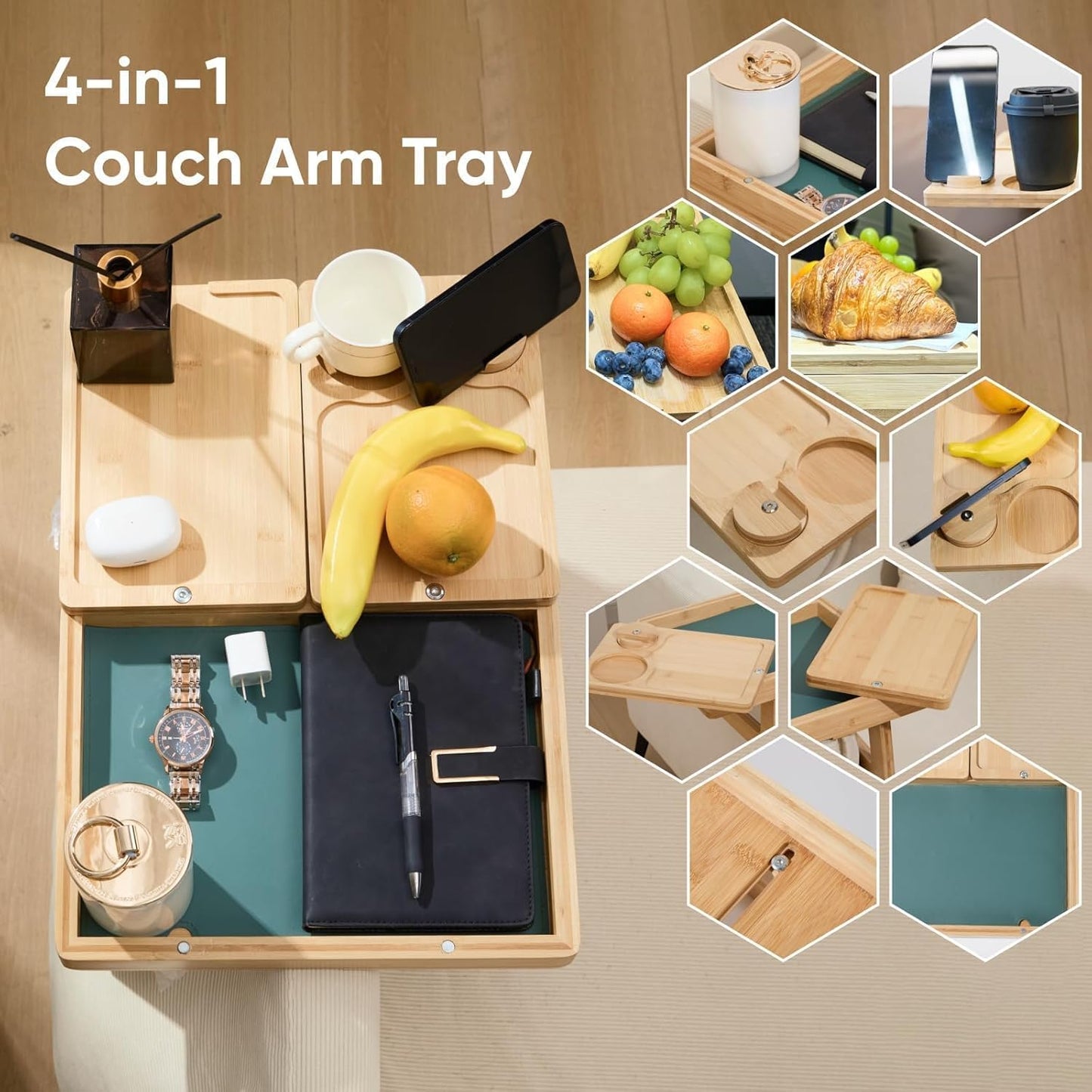 4 In 1 Bamboo Couch Arm Tray With Cup Holder, 360 Rotated Sofa Armrest Table for Couches, Armchair Caddy Organizer for Snacks & Drinks, Couch Arm Rest Table With Storage & Phone Holder for Living Room