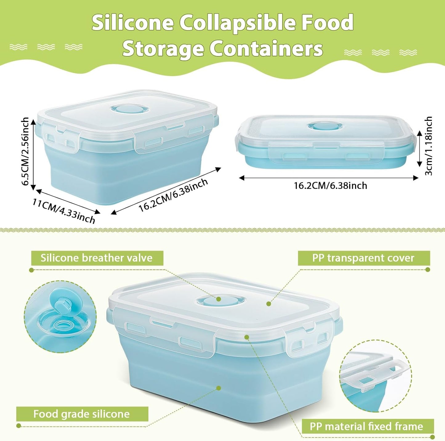 Mifoci Set of 8 Silicone Collapsible Bowls for Camping with Vent Lid Silicone Storage Containers for Food Meal Preparation Square Bowl Microwave Freezer Dishwasher Safe(Blue,17 Oz/ 500 ml)