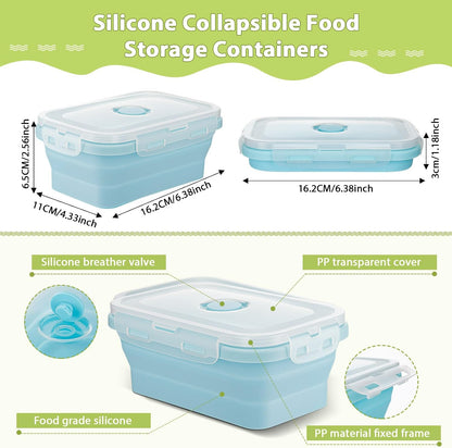 Mifoci Set of 8 Silicone Collapsible Bowls for Camping with Vent Lid Silicone Storage Containers for Food Meal Preparation Square Bowl Microwave Freezer Dishwasher Safe(Blue,17 Oz/ 500 ml)