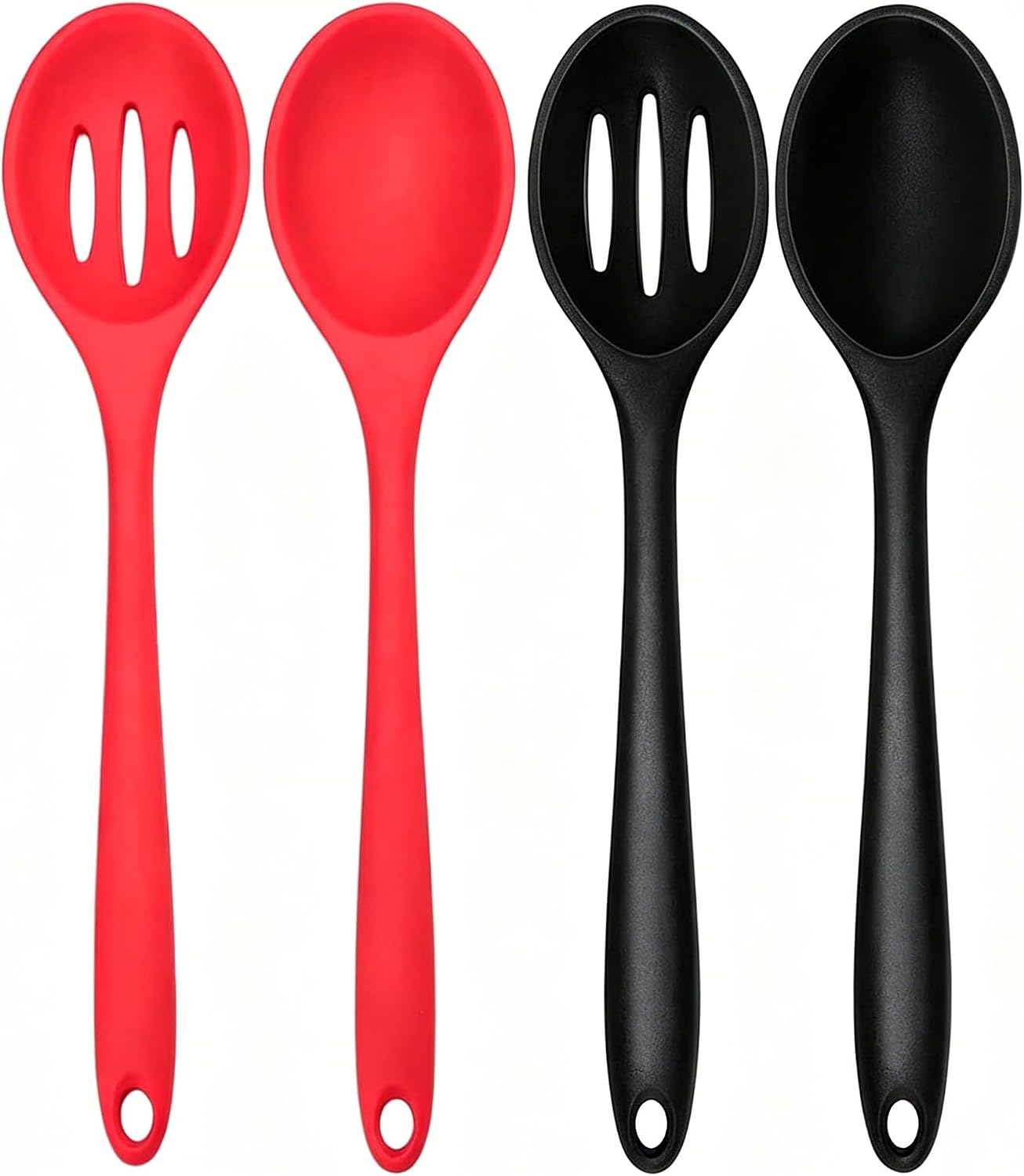 Silicone Cooking Spoon, Nonstick Kitchen Spoons Set for Cooking,Slotted and Solid Serving Spoon Heat Resistant, Silicone Mixing Basting Stirring Spoons for Nonstick Cookware 4 Pack (Black)