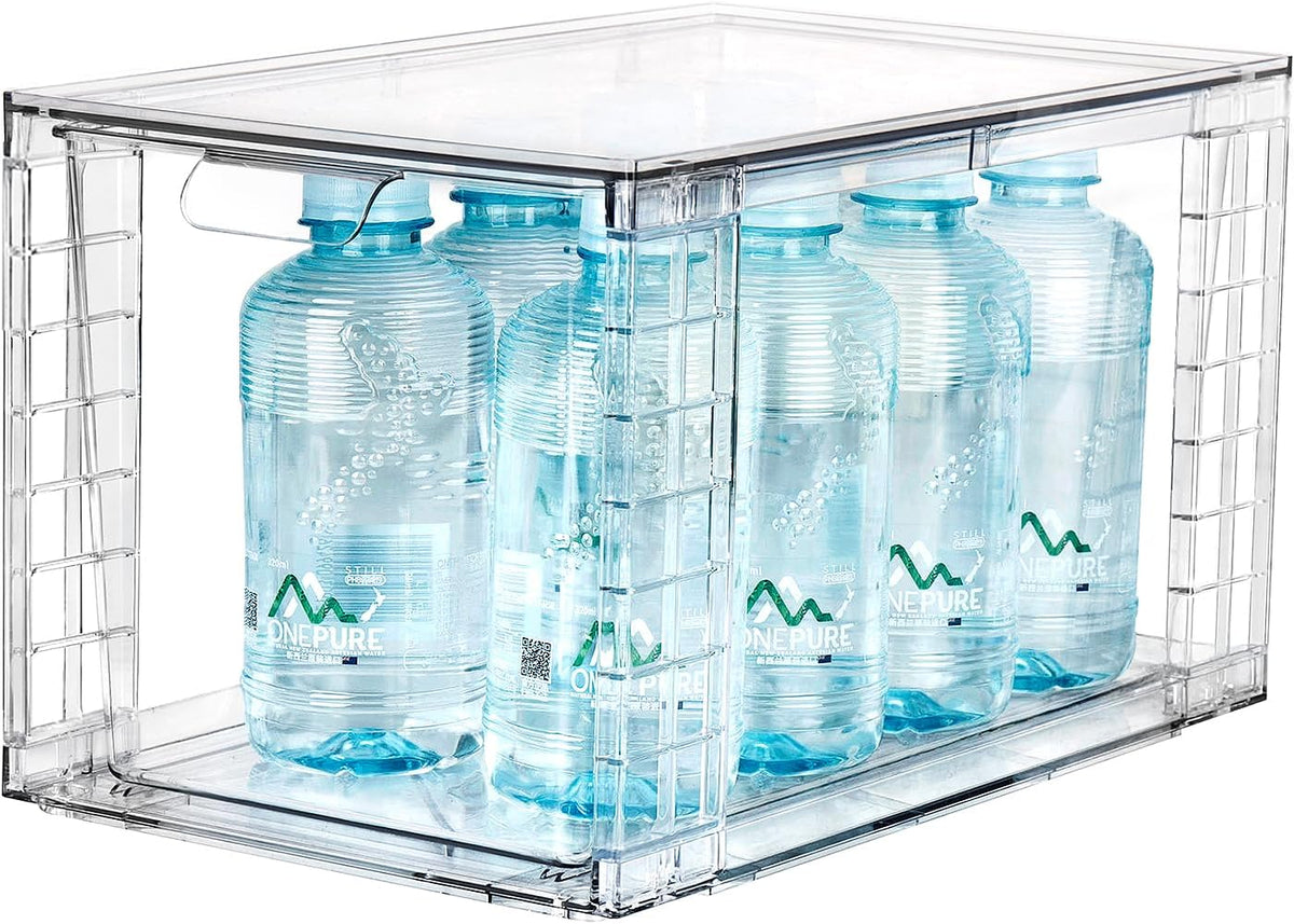 4Pack Large Stackable Kitchen Storage Drawers, Clear Foods Organizer Bins with Handles, Easily Assemble for Bathroom, Kitchen, Pantry, Cabinet, Closet(XL-UP Handle)