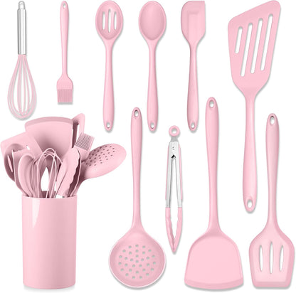 HaWare 11 PCS Silicone Cooking Utensils Set, Heat Resistant Kitchen Utensils with Holder, Food-grade Spatula Sets for Nonstick Cookware, Kitchen Tools Gadgets Include Fish Turner, Spoon (Black)