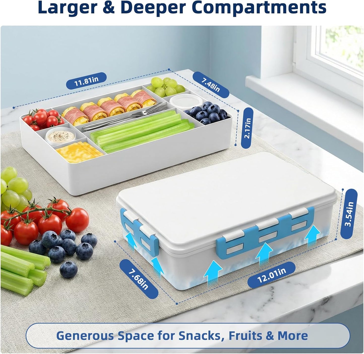Chilled Snack Box Container with Ice Pack, Portable Travel Food Containers with Lids, Keep Cheese and Fruits Remained Fresh for Hours, Divided Serving Tray for Family Road Trip Beach Picnic(White)