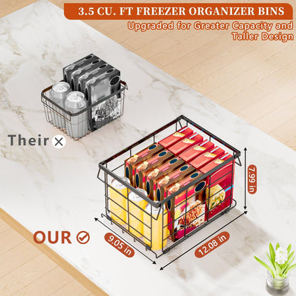 Freezer Organizer Bins, Upgrade Quick Expand/Collapse Feature, for 3.5 Cu.Ft Deep Freezer, 3 Pack Stackable Deep Freezer Organizer Bins, Black Wire Foldable Baskets with Handles (Black 3 Pack)