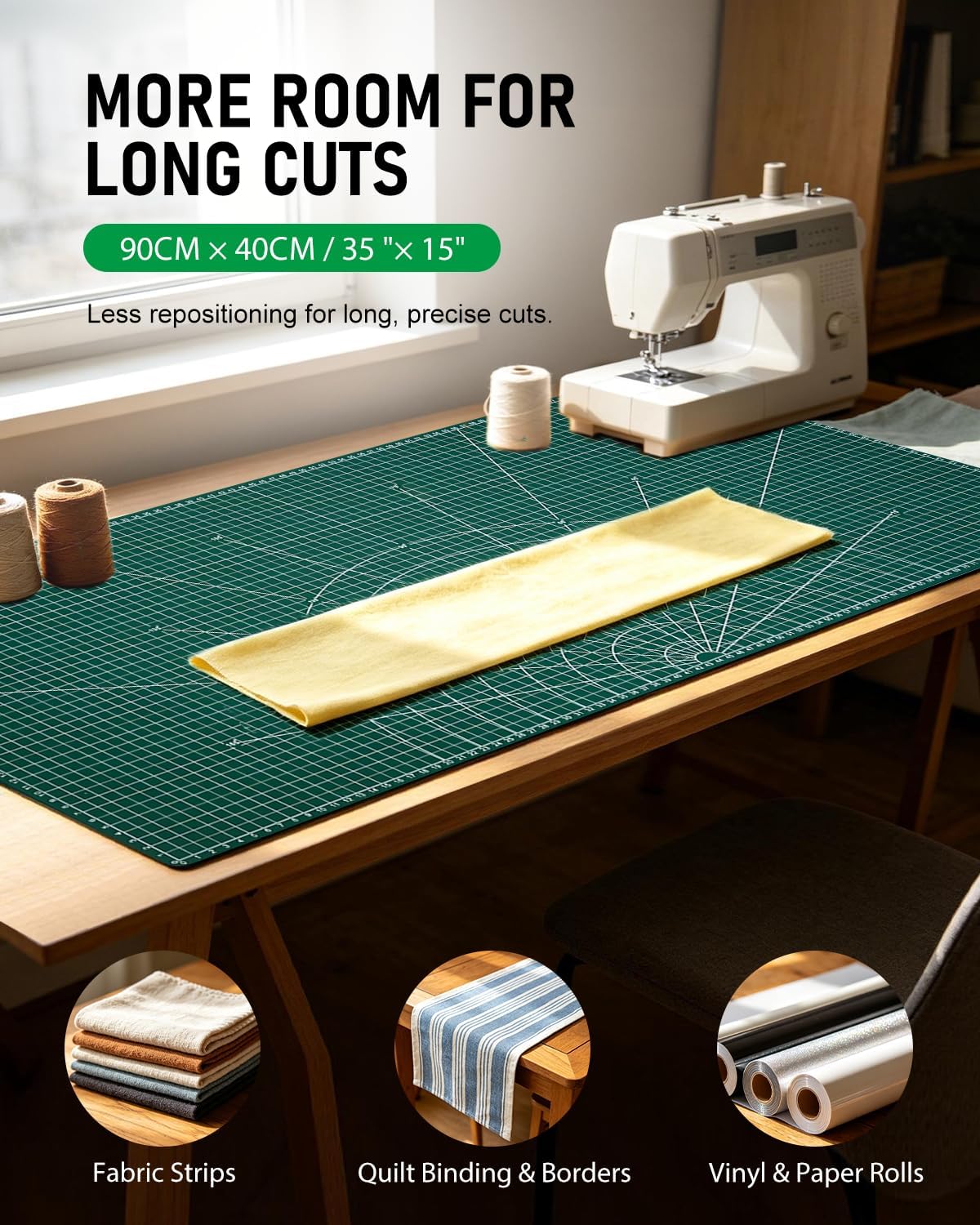 Self Healing Cutting Mat, 35" × 15", Double-Sided Rotary Cutting Mat for Sewing, Quilting, Scrapbooking & Craft, Large Craft Cutting Board for Hobby Use, Green