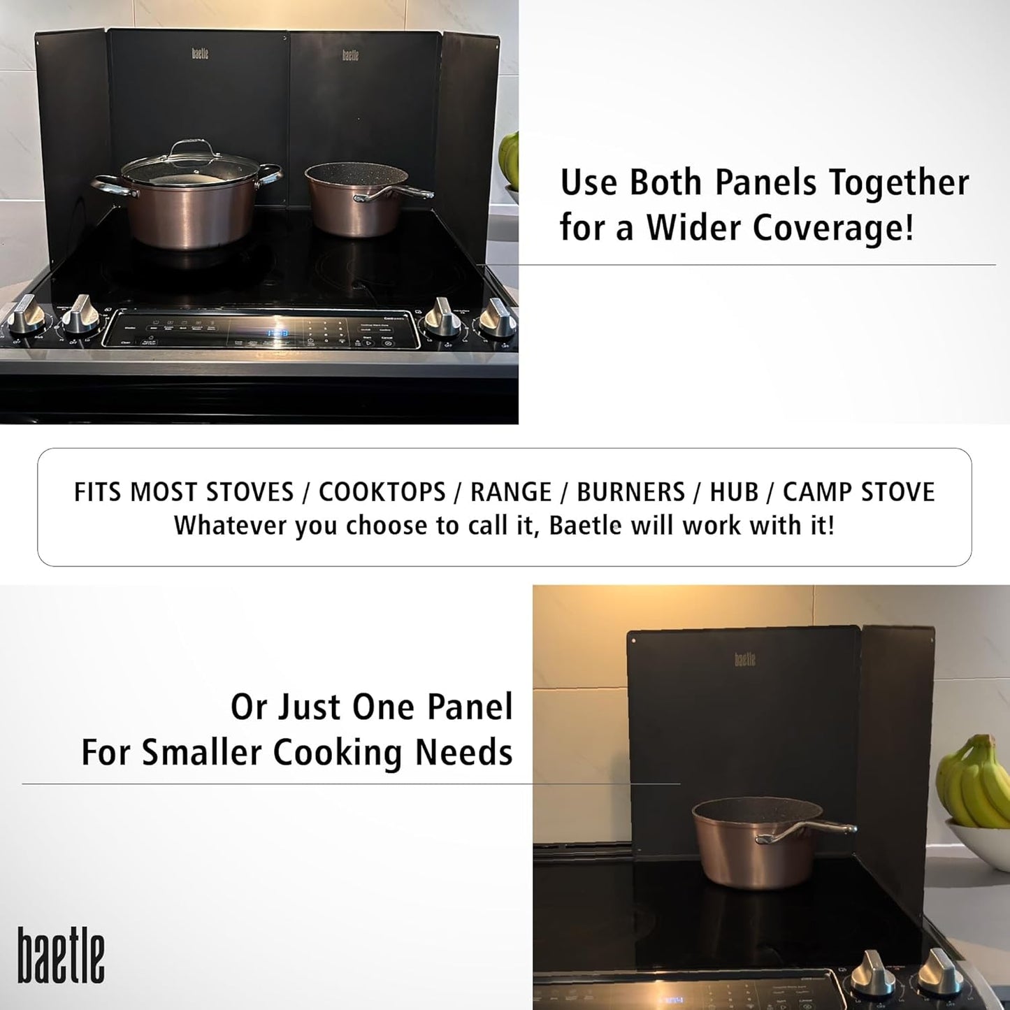 Foldable, Nonstick, Grease Splatter Guard for Stove Top by Baetle– Heavy-Duty Stainless Steel Oil Splash Shield, Premium Black Style, 29.5" Wide Back Panel, 13.6" Deep–with Spoon Rest