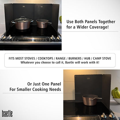 Foldable, Nonstick, Grease Splatter Guard for Stove Top by Baetle– Heavy-Duty Stainless Steel Oil Splash Shield, Premium Black Style, 29.5" Wide Back Panel, 13.6" Deep–with Spoon Rest