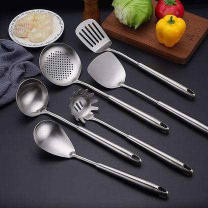 18/10 Stainless Steel Kitchen Utensils Set - 12 PCS All Metal Cooking Tools & 15″ Serving Utensils - Potato Masher, Meat Fork, Tongs, Turner, Pasta, Serving Spoon, Skimmer, Ladle, Spatula Spoon Set