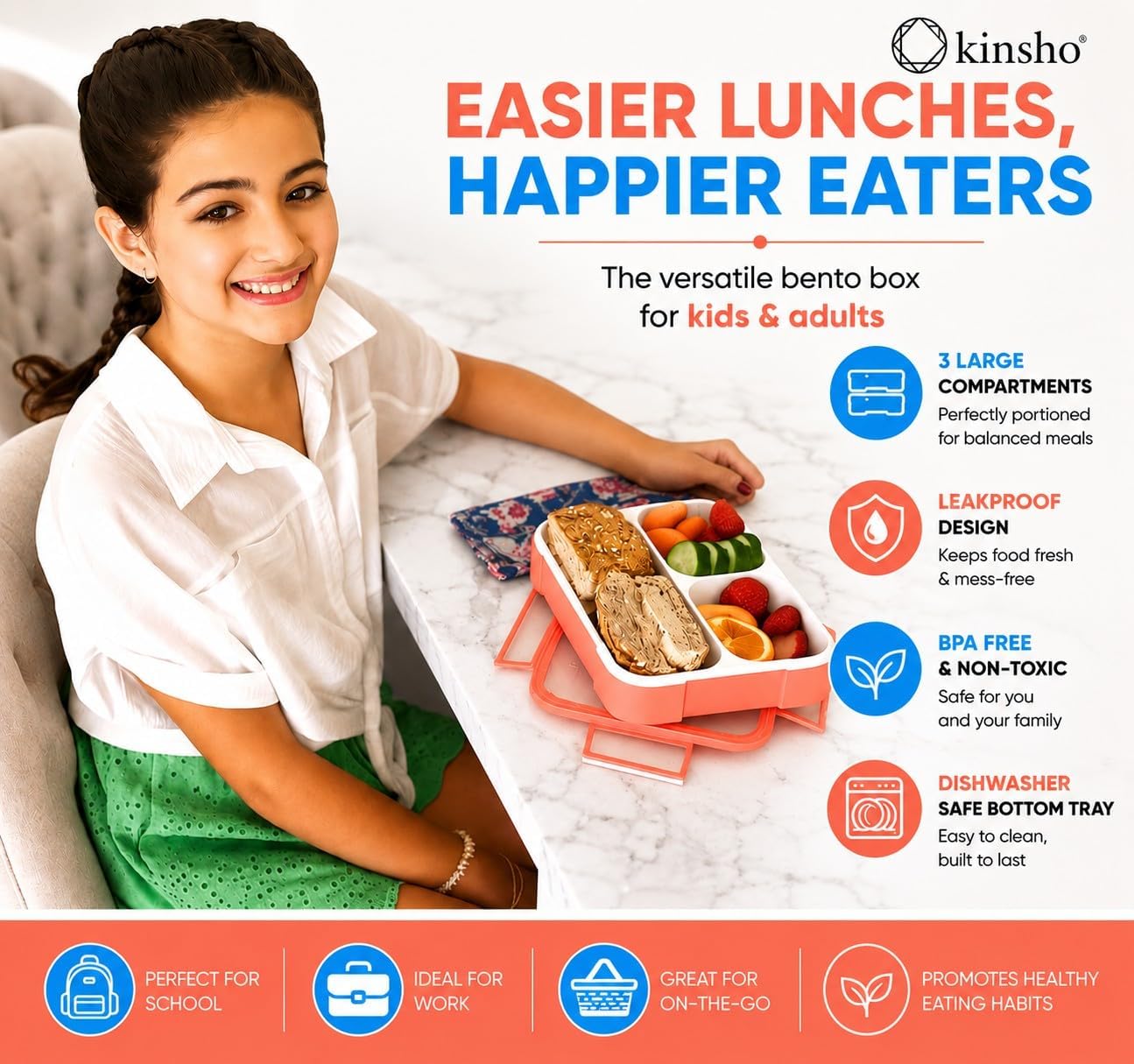 kinsho Bento Lunch-Box for Adults Kids Lunches, Portion Control Container Boxes for Women Girls Boys | Leak-Proof Snack Containers, BPA-Free Utensils 5 Compartments | Blue & Green 2 Pack Set